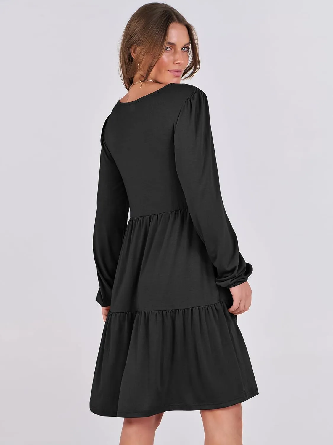ANRABESS Women's Casual Long Sleeve V Neck Tiered Swing Flowy Loose A-line Cute Mini Short Spring Fall Dress