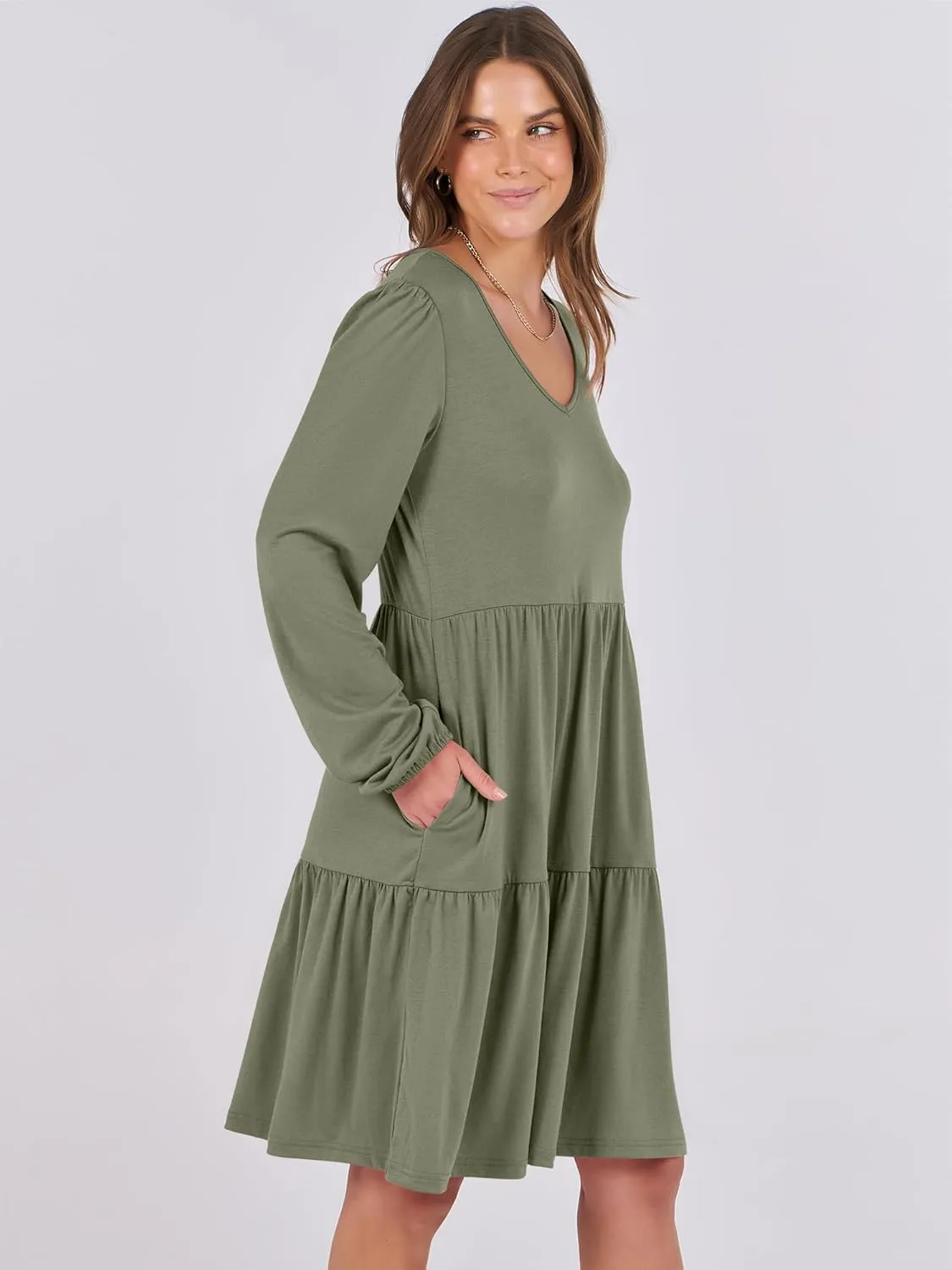 ANRABESS Women's Casual Long Sleeve V Neck Tiered Swing Flowy Loose A-line Cute Mini Short Spring Fall Dress
