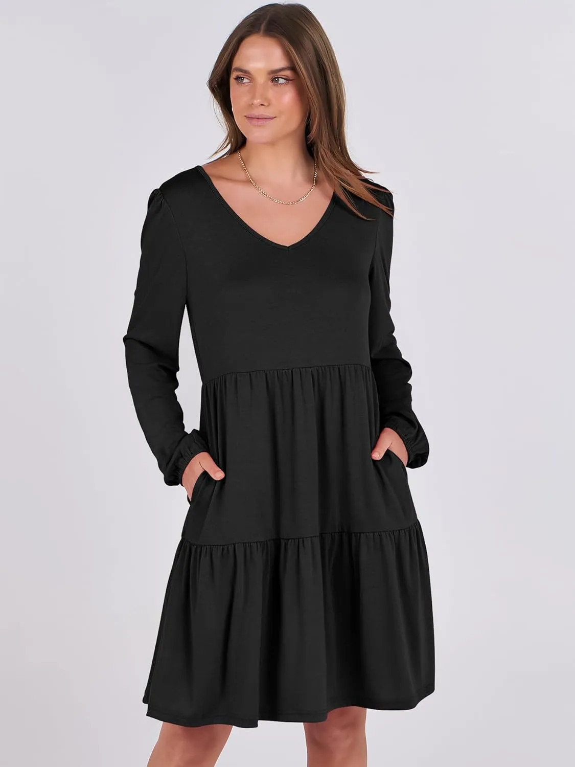 ANRABESS Women's Casual Long Sleeve V Neck Tiered Swing Flowy Loose A-line Cute Mini Short Spring Fall Dress