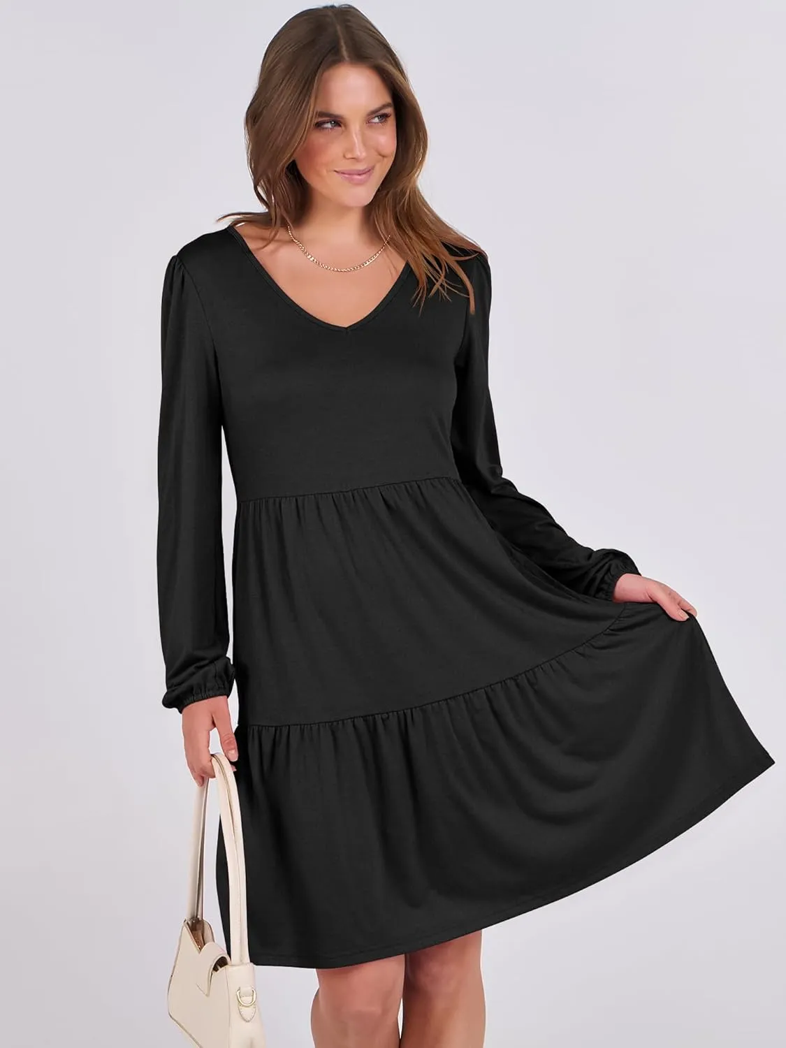 ANRABESS Women's Casual Long Sleeve V Neck Tiered Swing Flowy Loose A-line Cute Mini Short Spring Fall Dress