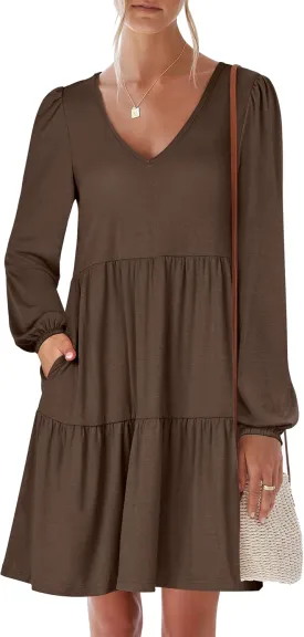 ANRABESS Women's Casual Long Sleeve V Neck Tiered Swing Flowy Loose A-line Cute Mini Short Spring Fall Dress