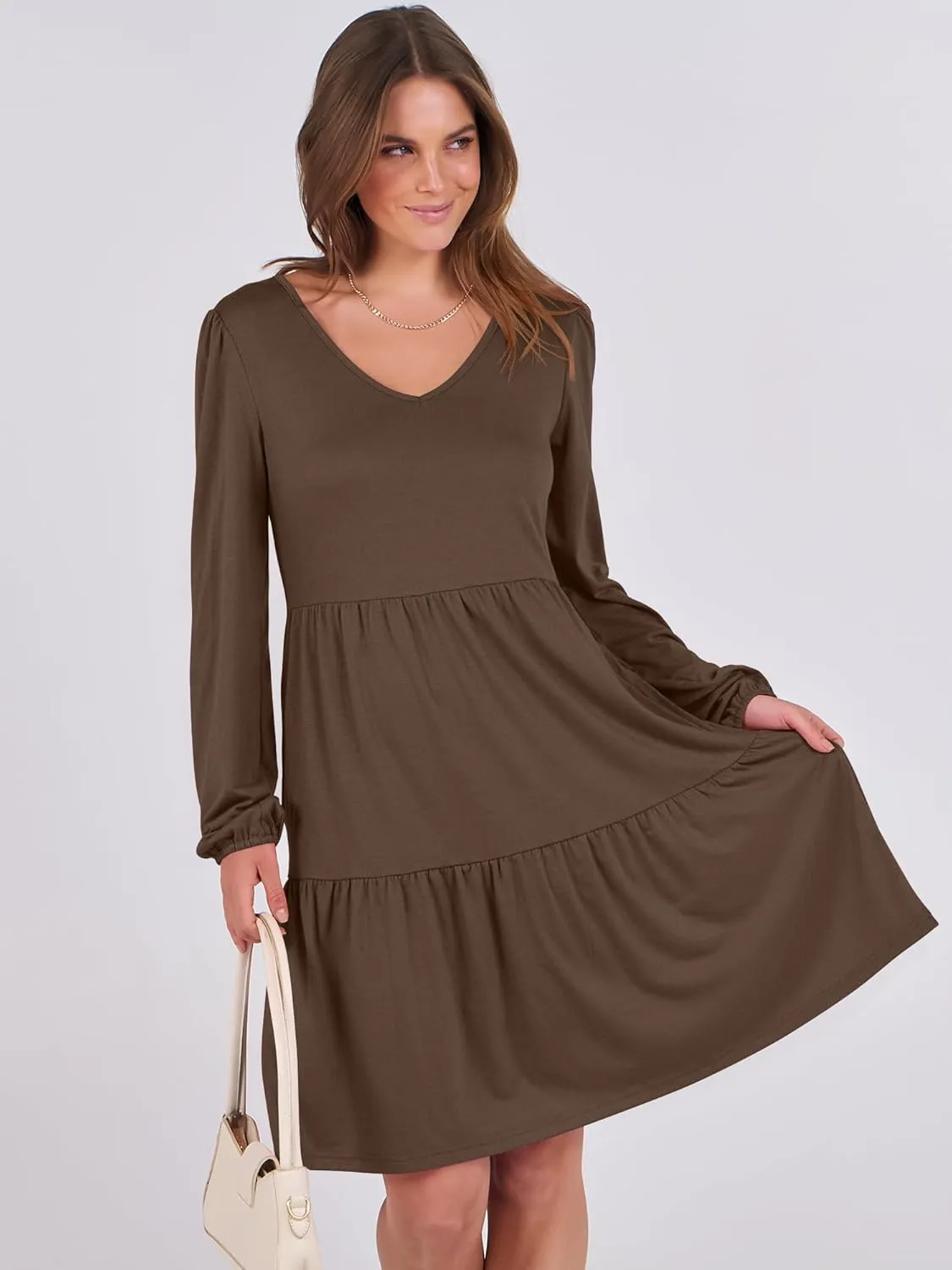 ANRABESS Women's Casual Long Sleeve V Neck Tiered Swing Flowy Loose A-line Cute Mini Short Spring Fall Dress