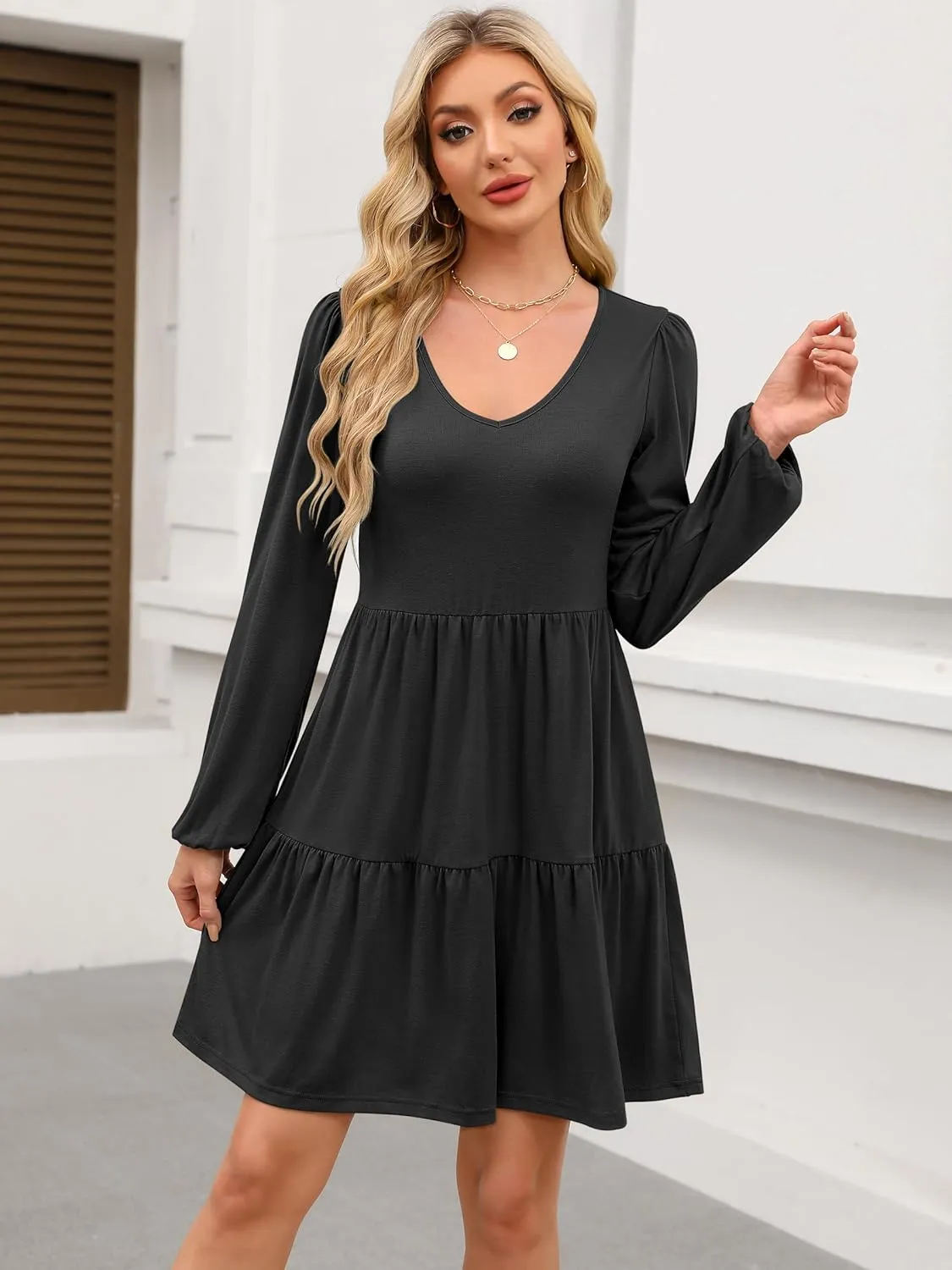 ANRABESS Women's Casual Long Sleeve V Neck Tiered Swing Flowy Loose A-line Cute Mini Short Spring Fall Dress