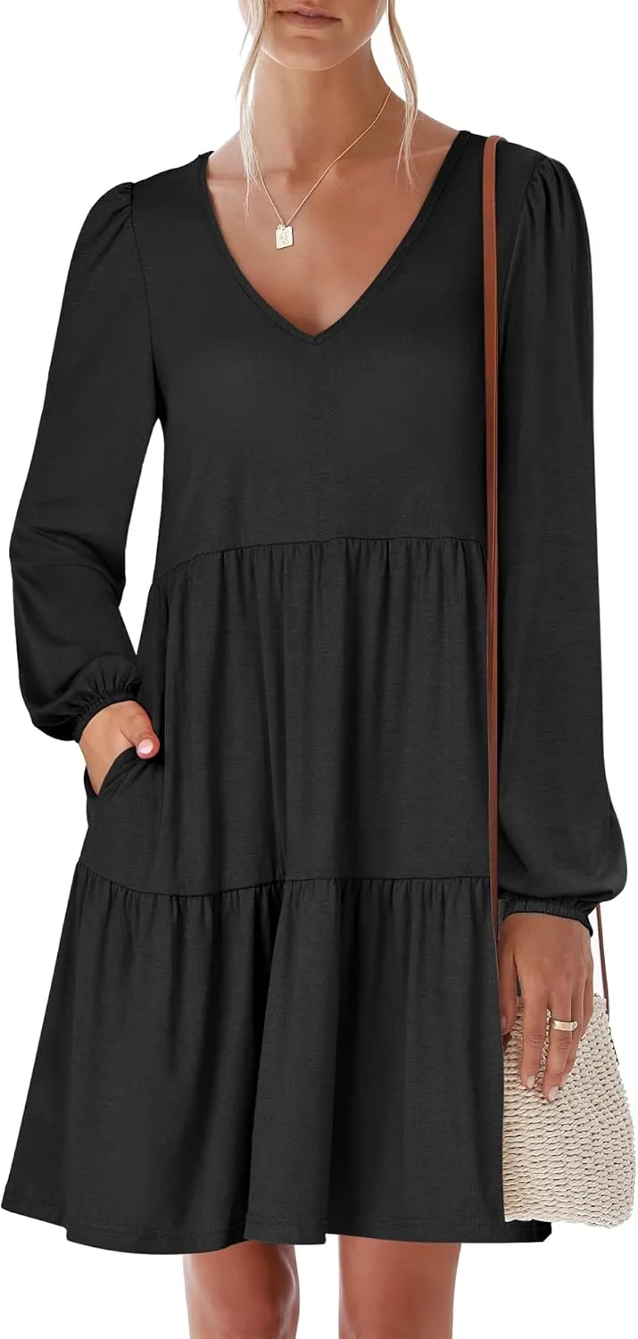 ANRABESS Women's Casual Long Sleeve V Neck Tiered Swing Flowy Loose A-line Cute Mini Short Spring Fall Dress