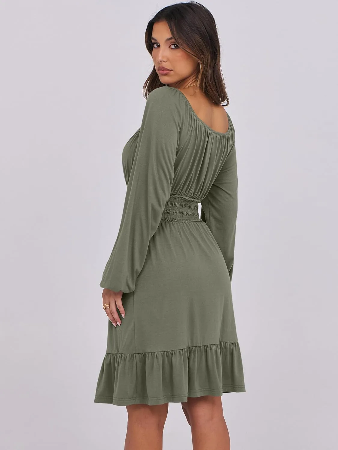 ANRABESS Womens Dress Long Lantern Sleeve Square Neck Elastic Waist Ruffle Flowy Swing A-Line Short Dresses 2025 Fall Fashion