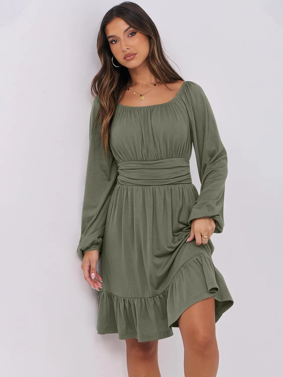 ANRABESS Womens Dress Long Lantern Sleeve Square Neck Elastic Waist Ruffle Flowy Swing A-Line Short Dresses 2025 Fall Fashion