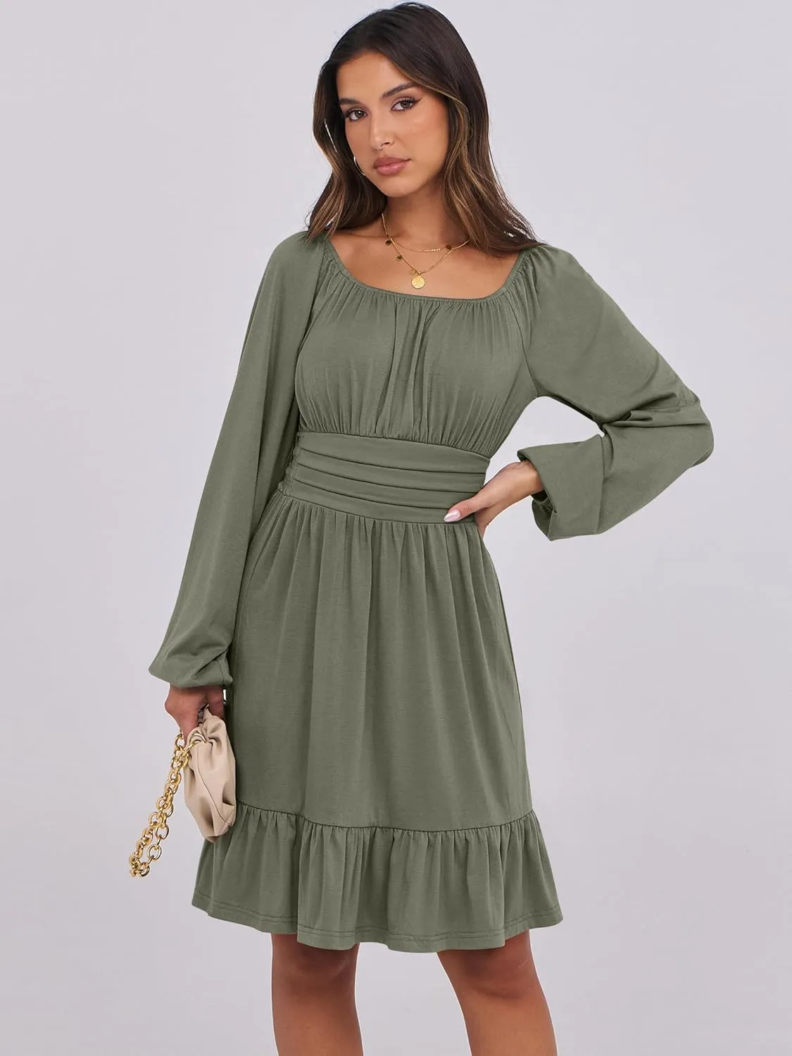 ANRABESS Womens Dress Long Lantern Sleeve Square Neck Elastic Waist Ruffle Flowy Swing A-Line Short Dresses 2025 Fall Fashion