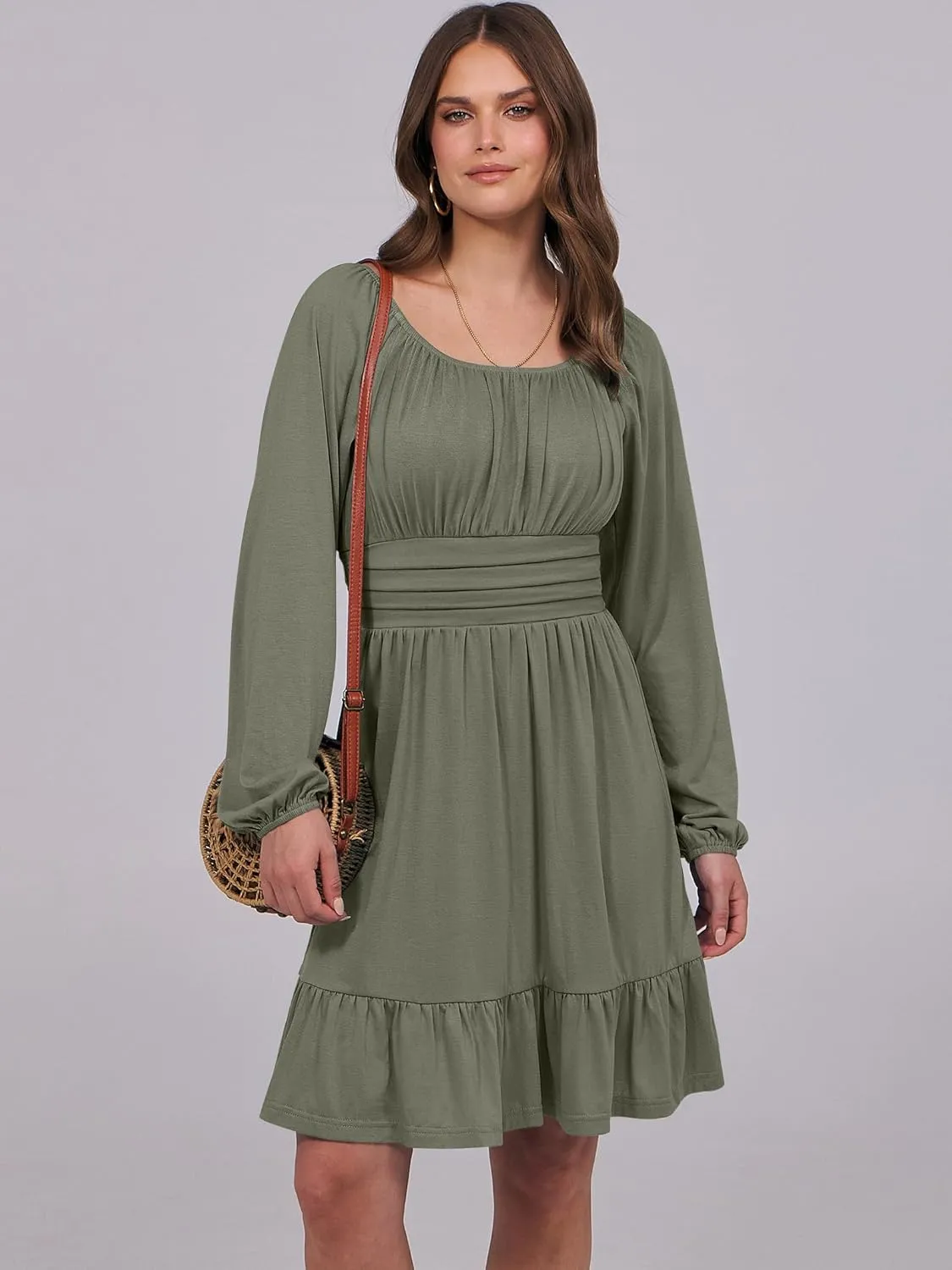 ANRABESS Womens Dress Long Lantern Sleeve Square Neck Elastic Waist Ruffle Flowy Swing A-Line Short Dresses 2025 Fall Fashion