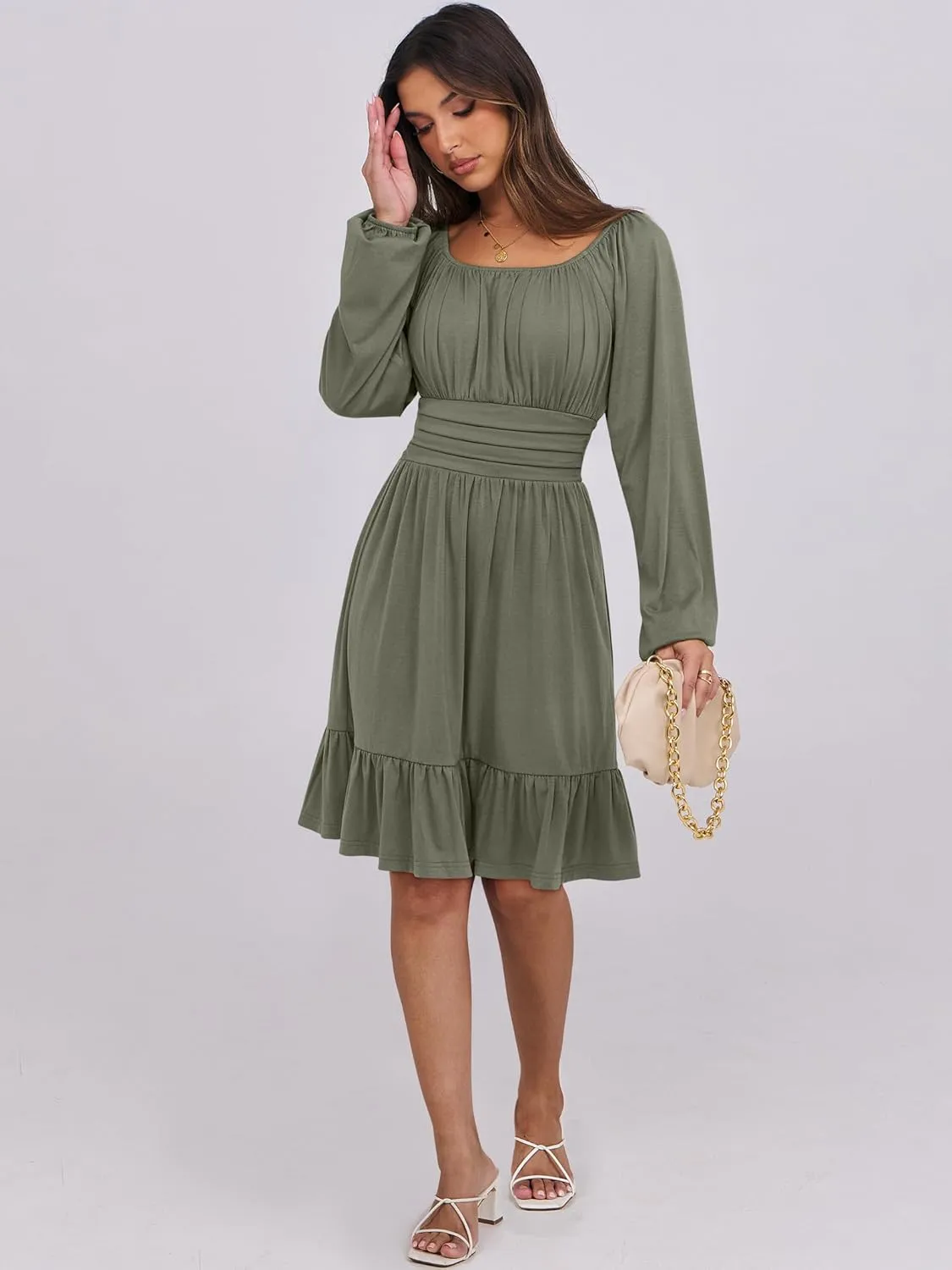 ANRABESS Womens Dress Long Lantern Sleeve Square Neck Elastic Waist Ruffle Flowy Swing A-Line Short Dresses 2025 Fall Fashion