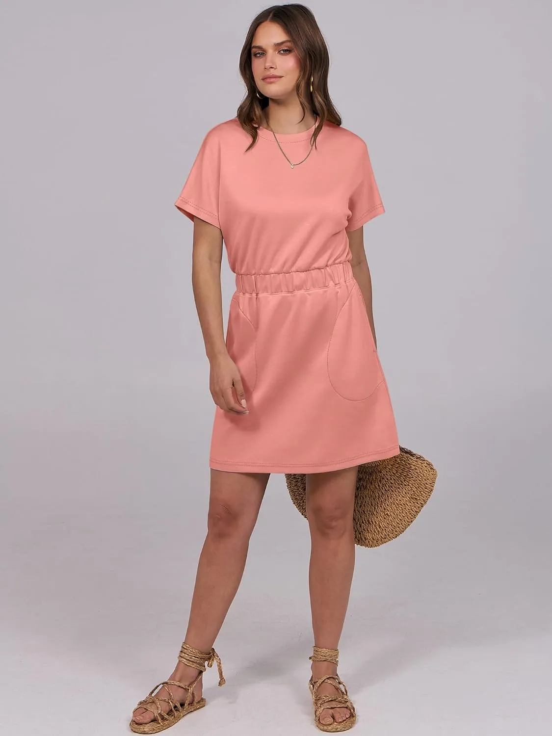 ANRABESS Womens Dresses 2025 Summer Casual Short Sleeve Crew Neck Elastic Waist Mini T Shirt Dress with Pockets