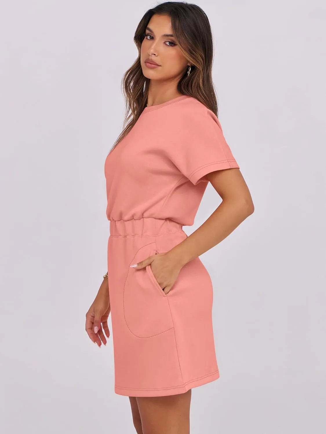 ANRABESS Womens Dresses 2025 Summer Casual Short Sleeve Crew Neck Elastic Waist Mini T Shirt Dress with Pockets