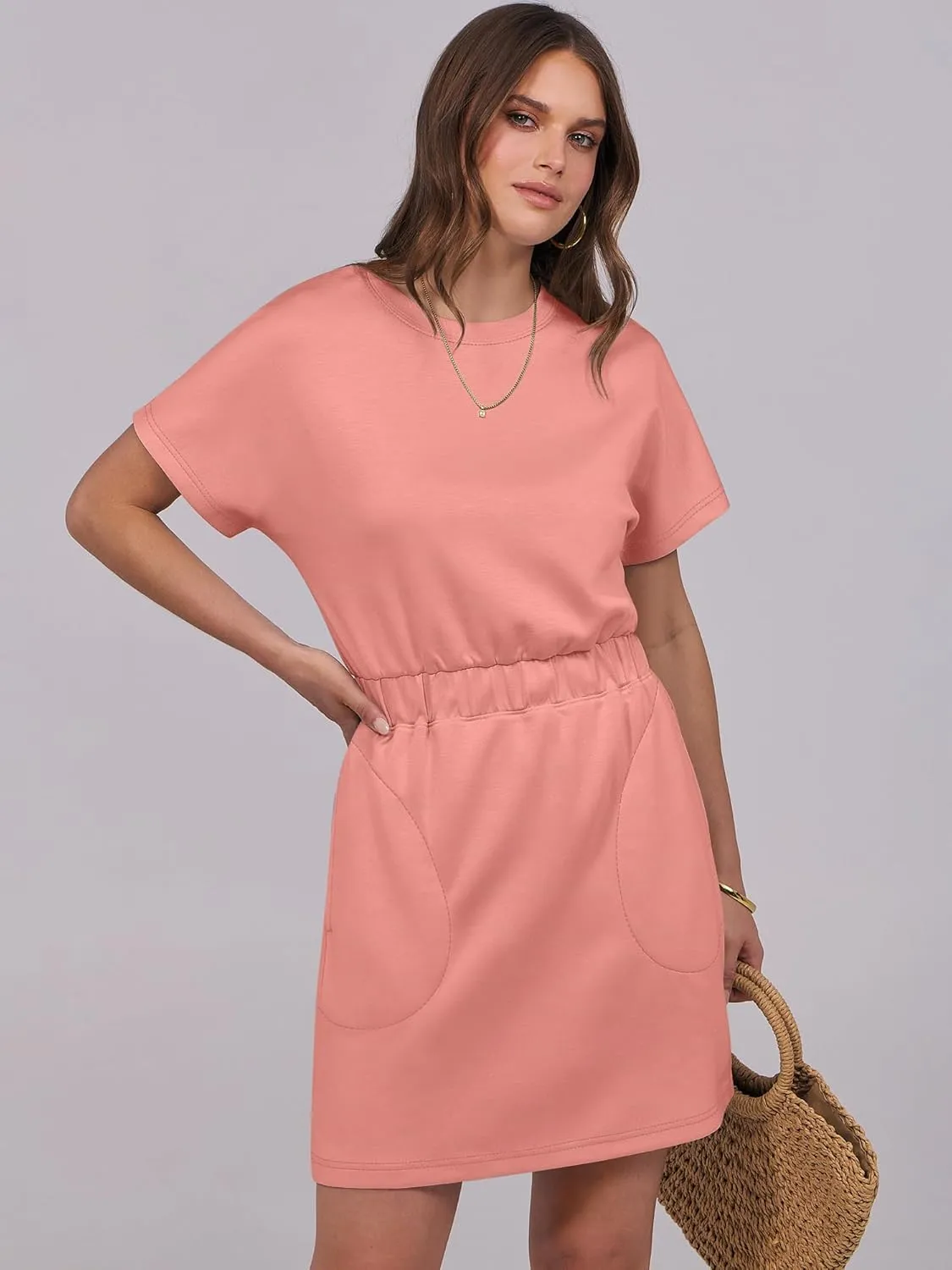 ANRABESS Womens Dresses 2025 Summer Casual Short Sleeve Crew Neck Elastic Waist Mini T Shirt Dress with Pockets