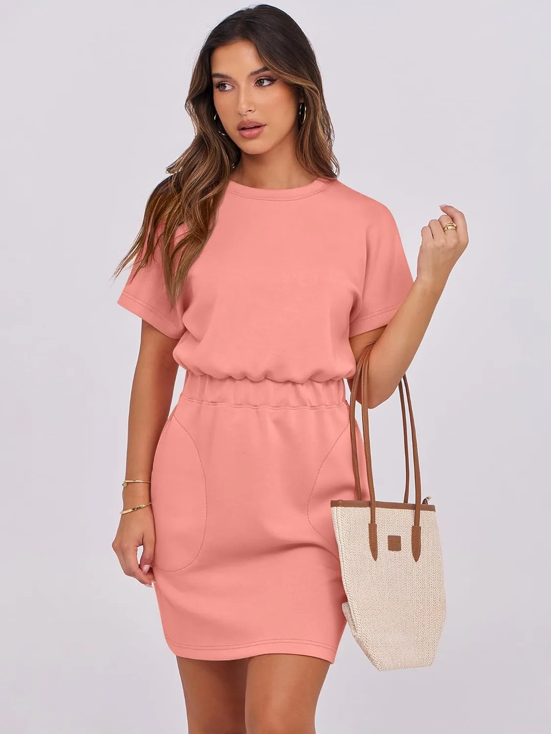 ANRABESS Womens Dresses 2025 Summer Casual Short Sleeve Crew Neck Elastic Waist Mini T Shirt Dress with Pockets