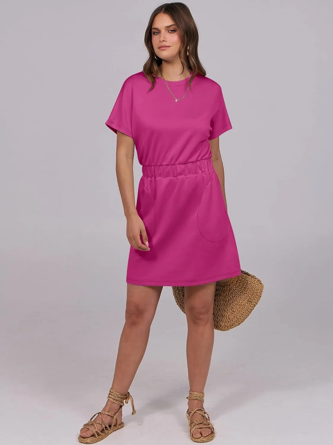 ANRABESS Womens Dresses 2025 Summer Casual Short Sleeve Crew Neck Elastic Waist Mini T Shirt Dress with Pockets