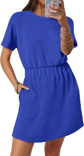 ANRABESS Womens Dresses 2025 Summer Casual Short Sleeve Crew Neck Elastic Waist Mini T Shirt Dress with Pockets