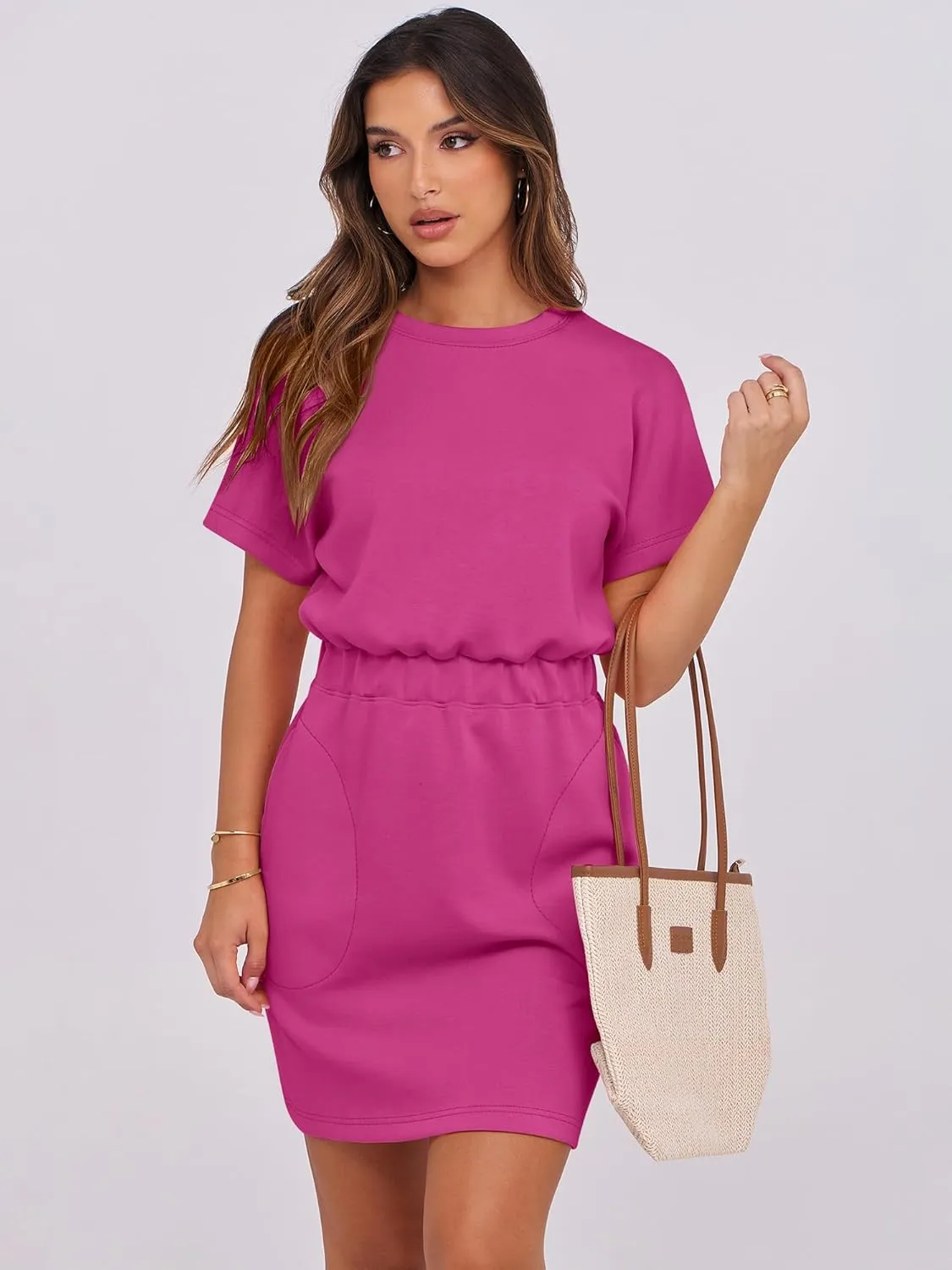 ANRABESS Womens Dresses 2025 Summer Casual Short Sleeve Crew Neck Elastic Waist Mini T Shirt Dress with Pockets