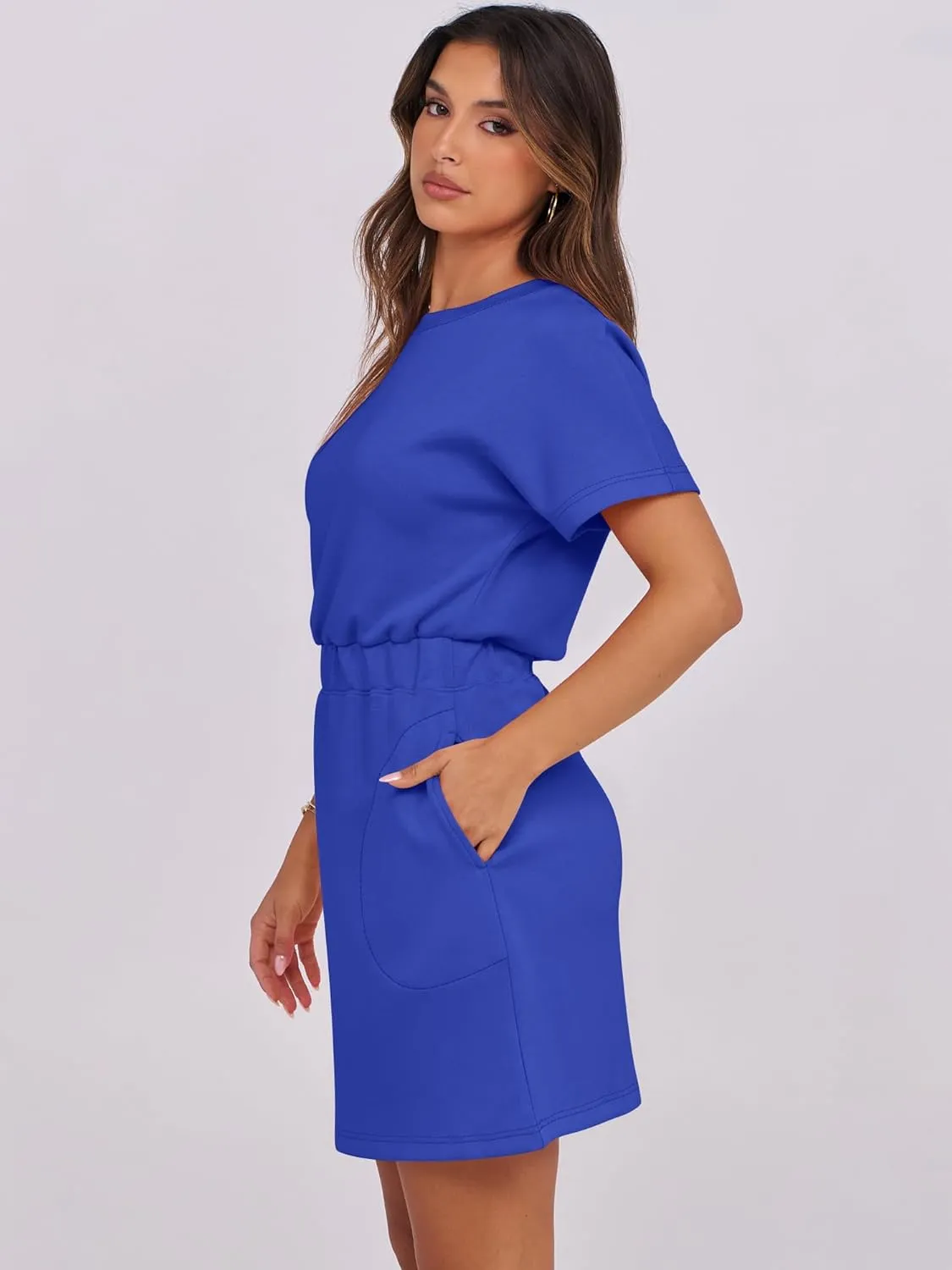 ANRABESS Womens Dresses 2025 Summer Casual Short Sleeve Crew Neck Elastic Waist Mini T Shirt Dress with Pockets
