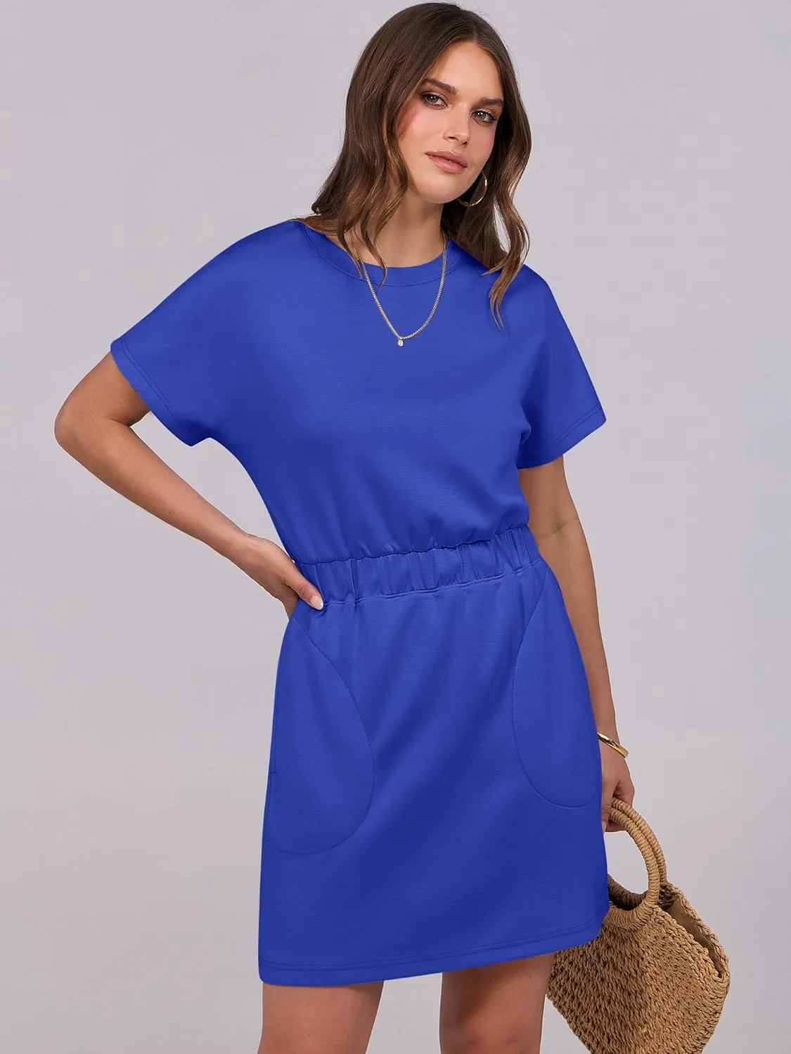 ANRABESS Womens Dresses 2025 Summer Casual Short Sleeve Crew Neck Elastic Waist Mini T Shirt Dress with Pockets