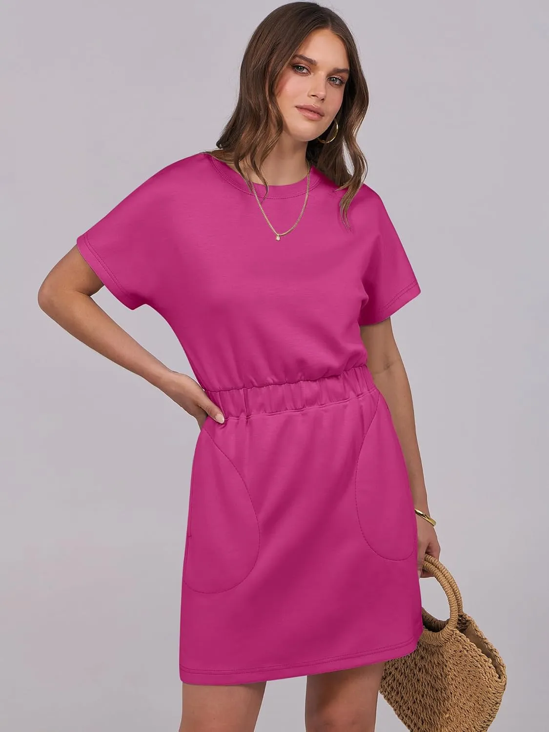 ANRABESS Womens Dresses 2025 Summer Casual Short Sleeve Crew Neck Elastic Waist Mini T Shirt Dress with Pockets