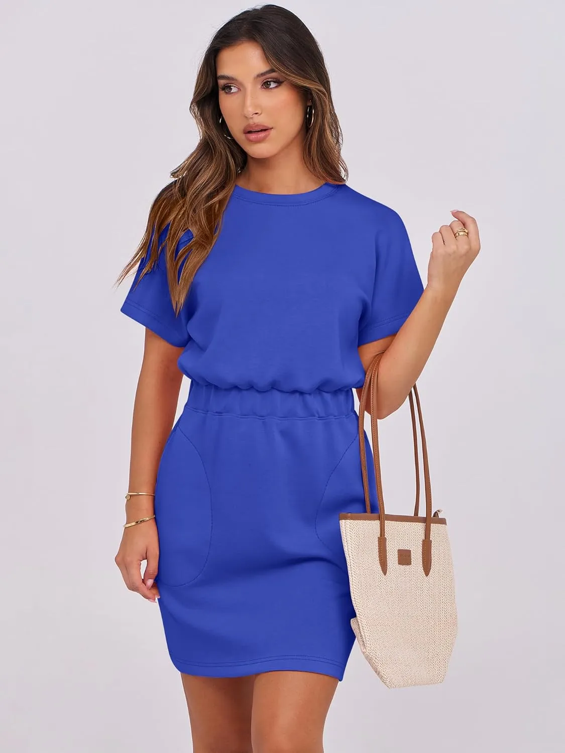 ANRABESS Womens Dresses 2025 Summer Casual Short Sleeve Crew Neck Elastic Waist Mini T Shirt Dress with Pockets