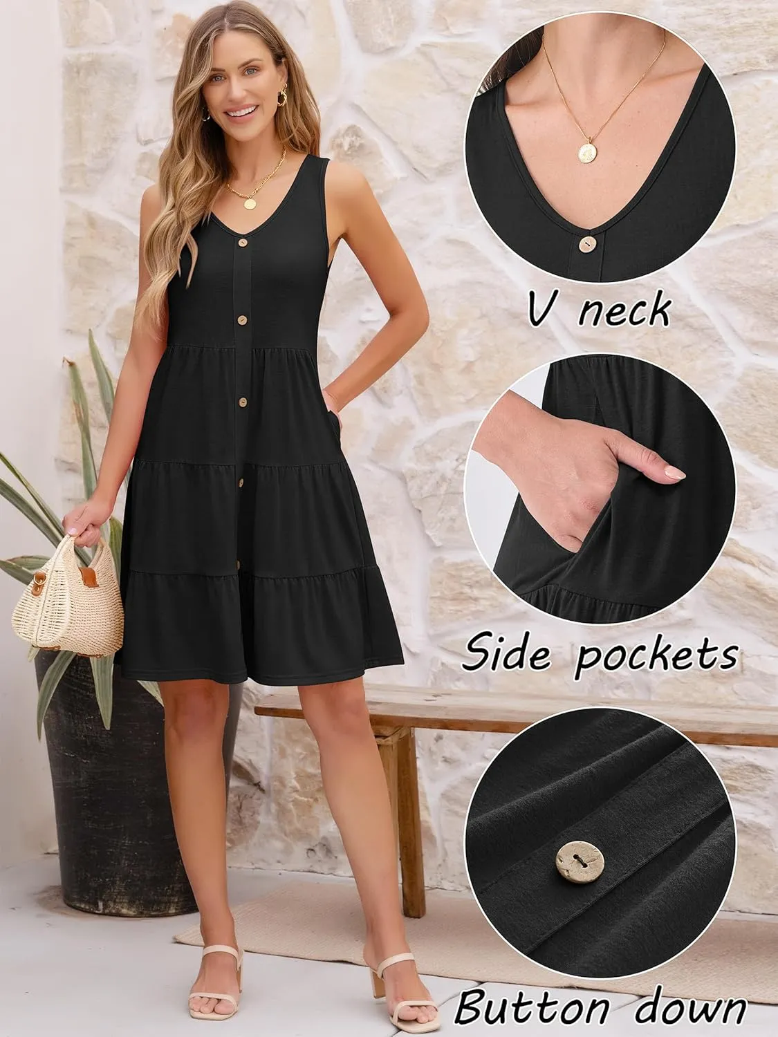 ANRABESS Womens Summer Beach Vacation Dresses V Neck Sleeveless Casual Button Down A Line Swing Mini Sundresses with Pockets
