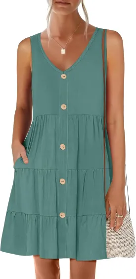 ANRABESS Womens Summer Beach Vacation Dresses V Neck Sleeveless Casual Button Down A Line Swing Mini Sundresses with Pockets