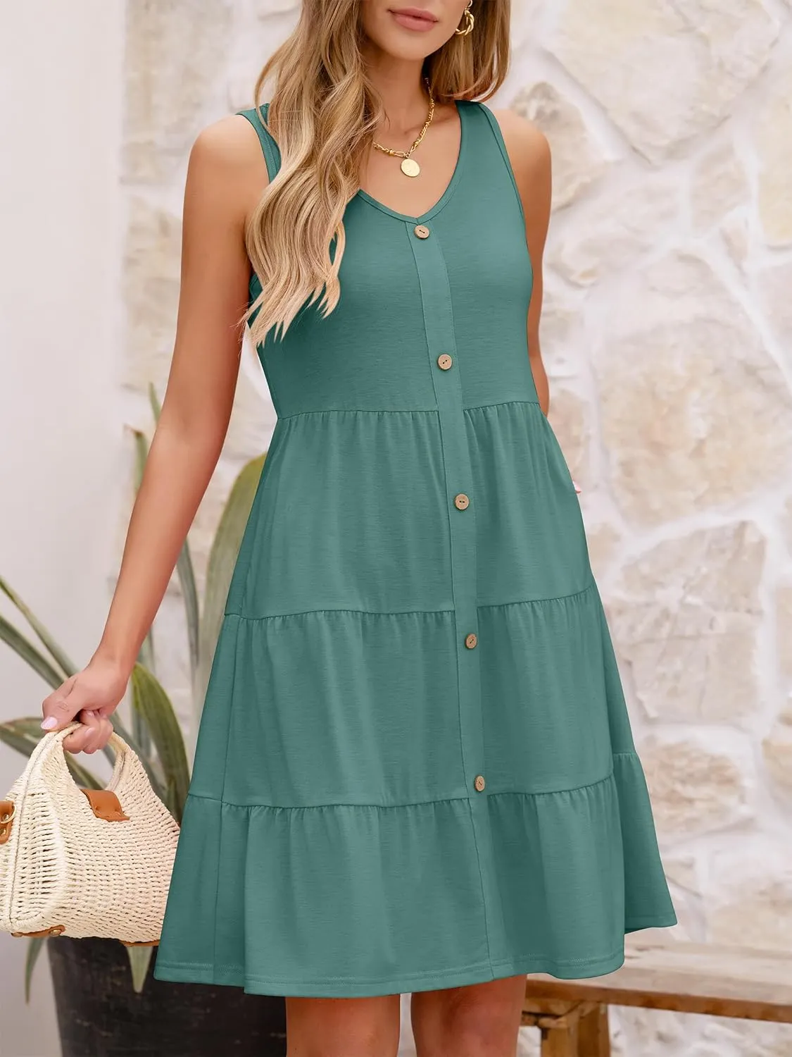 ANRABESS Womens Summer Beach Vacation Dresses V Neck Sleeveless Casual Button Down A Line Swing Mini Sundresses with Pockets