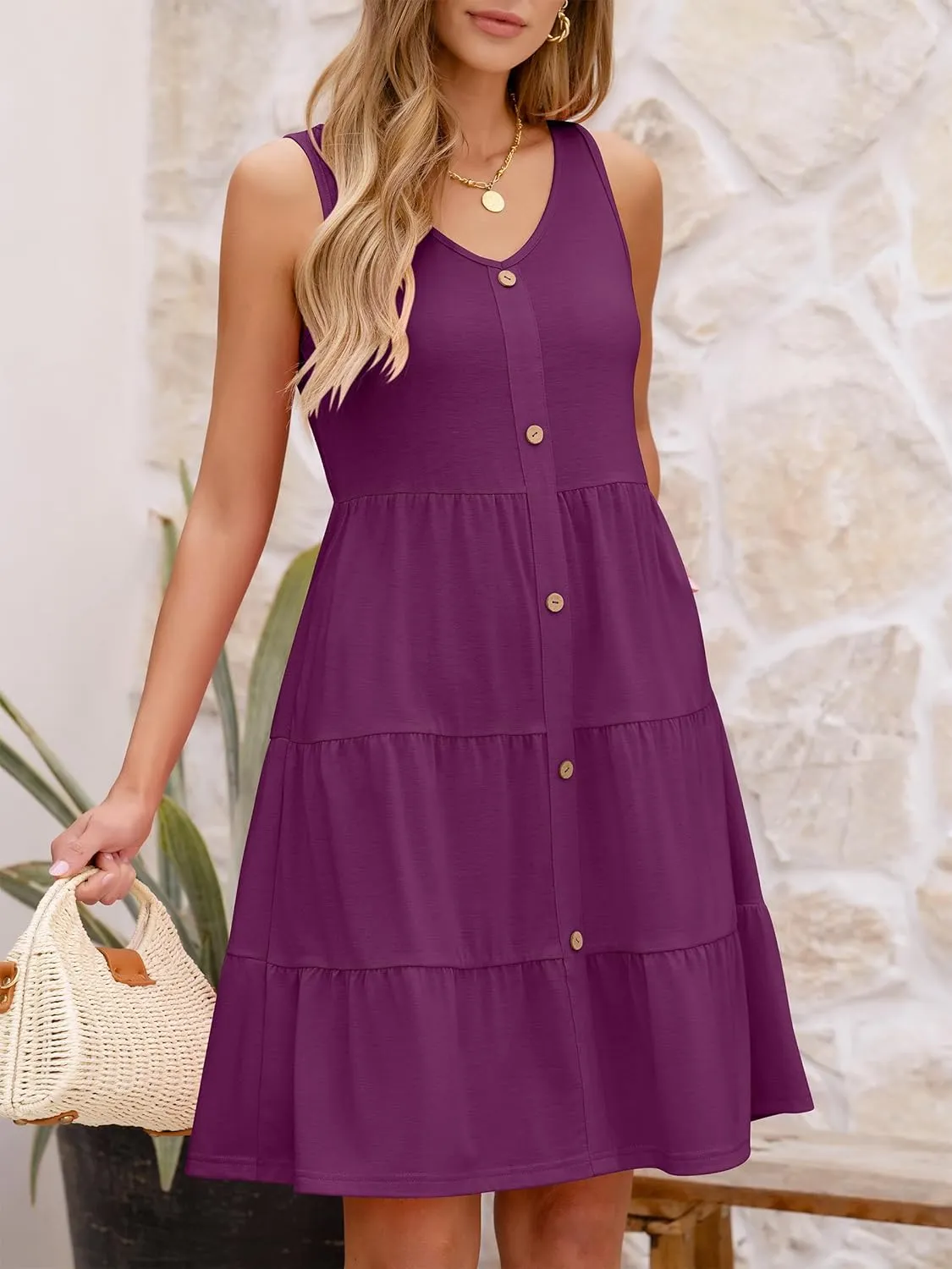 ANRABESS Womens Summer Beach Vacation Dresses V Neck Sleeveless Casual Button Down A Line Swing Mini Sundresses with Pockets