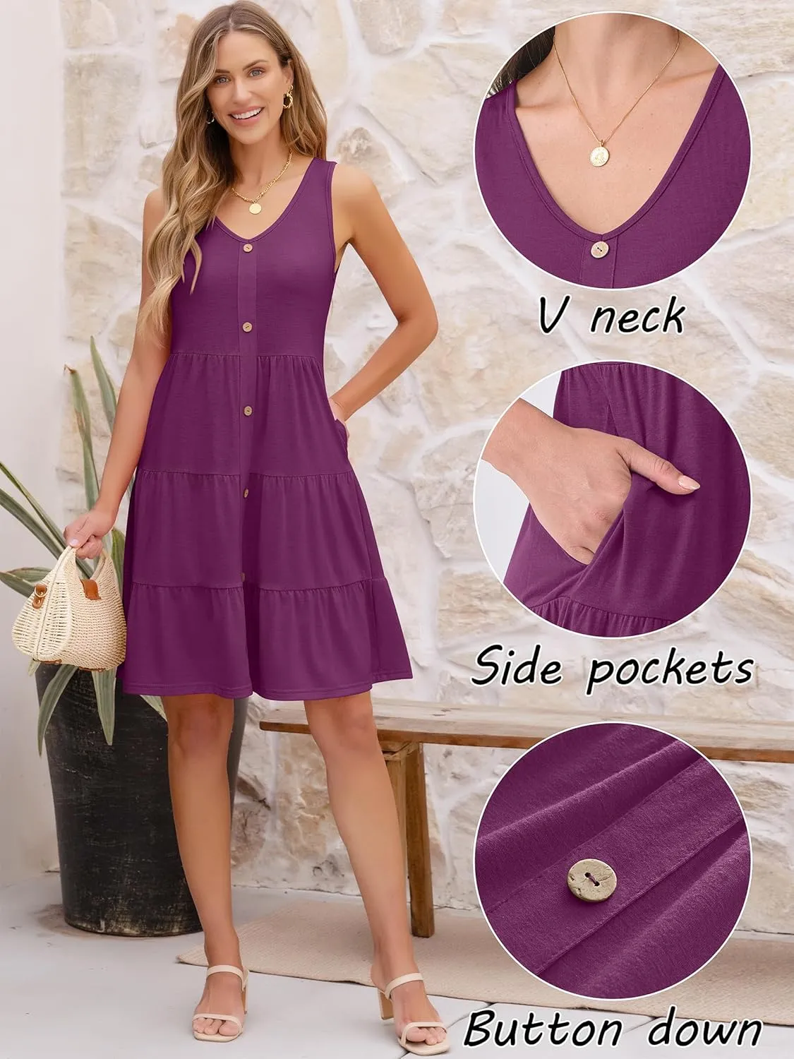 ANRABESS Womens Summer Beach Vacation Dresses V Neck Sleeveless Casual Button Down A Line Swing Mini Sundresses with Pockets