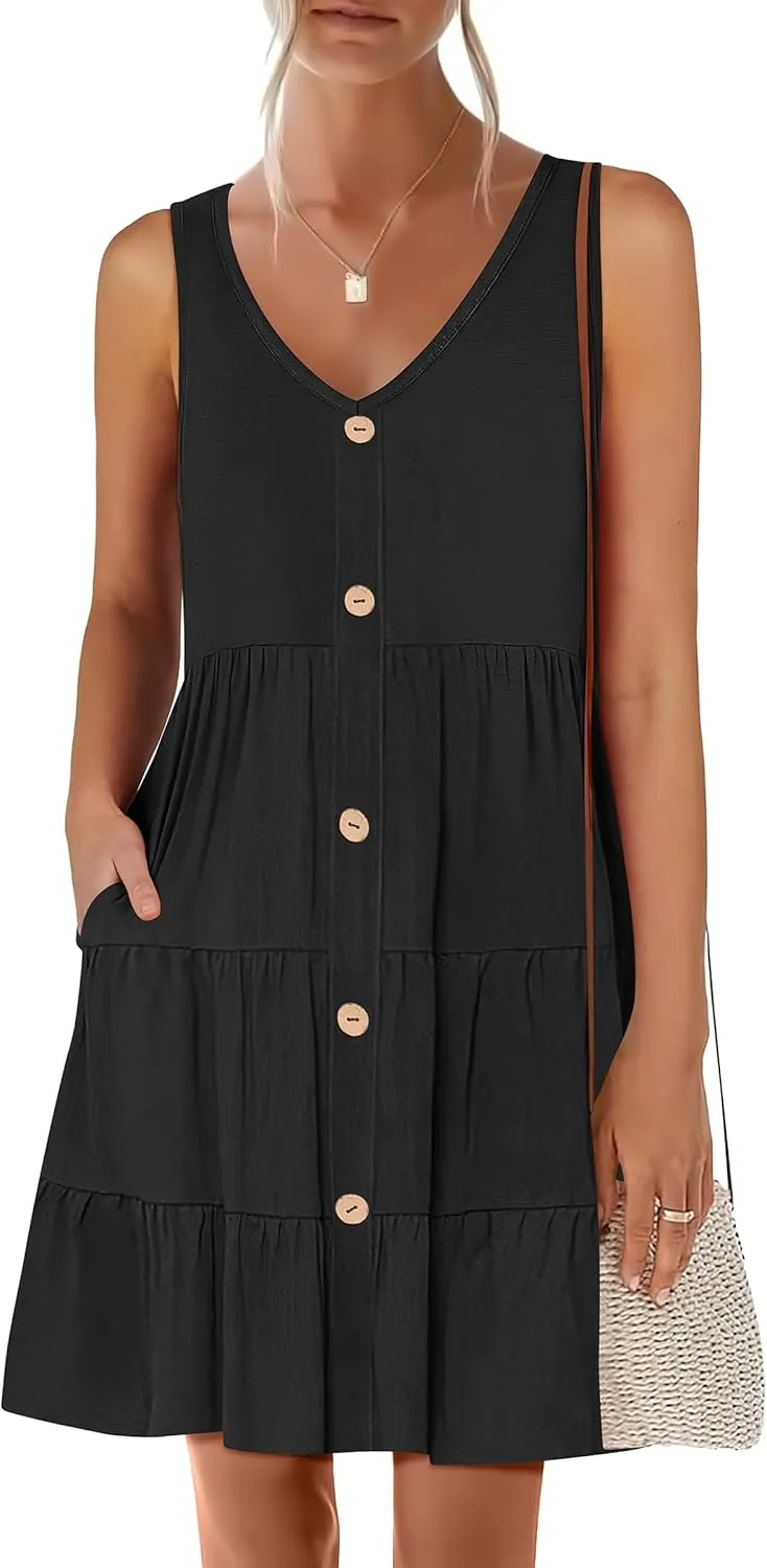ANRABESS Womens Summer Beach Vacation Dresses V Neck Sleeveless Casual Button Down A Line Swing Mini Sundresses with Pockets