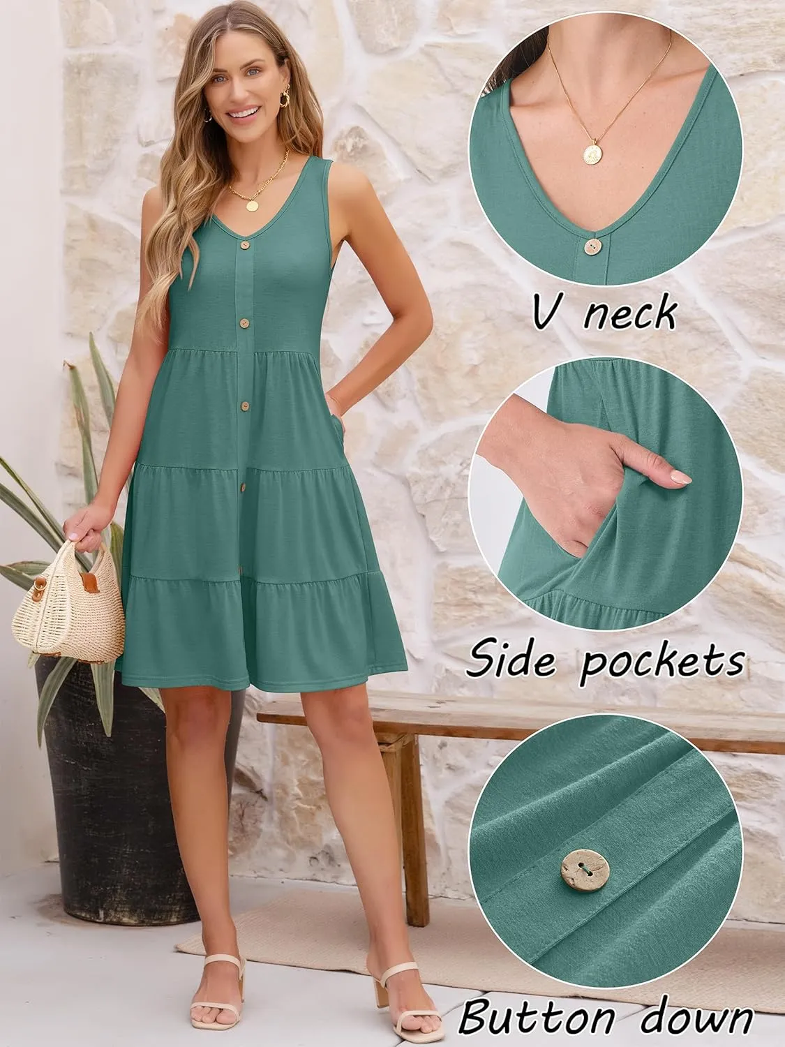 ANRABESS Womens Summer Beach Vacation Dresses V Neck Sleeveless Casual Button Down A Line Swing Mini Sundresses with Pockets