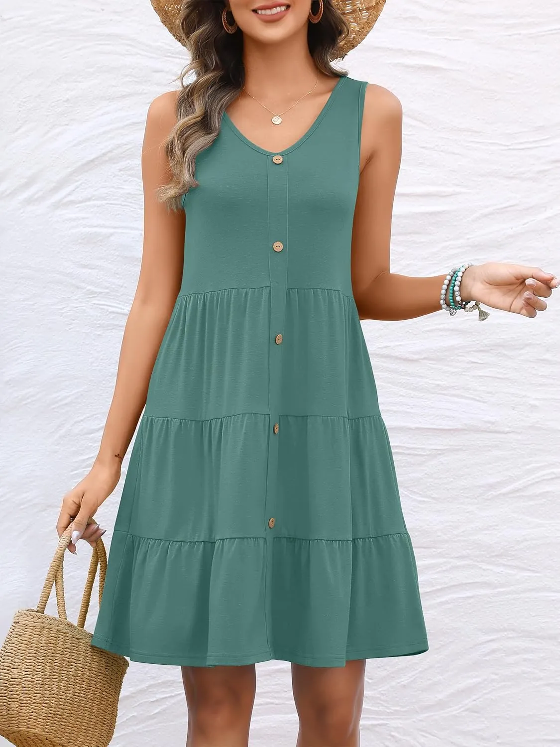 ANRABESS Womens Summer Beach Vacation Dresses V Neck Sleeveless Casual Button Down A Line Swing Mini Sundresses with Pockets