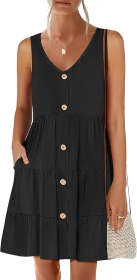 ANRABESS Womens Summer Beach Vacation Dresses V Neck Sleeveless Casual Button Down A Line Swing Mini Sundresses with Pockets