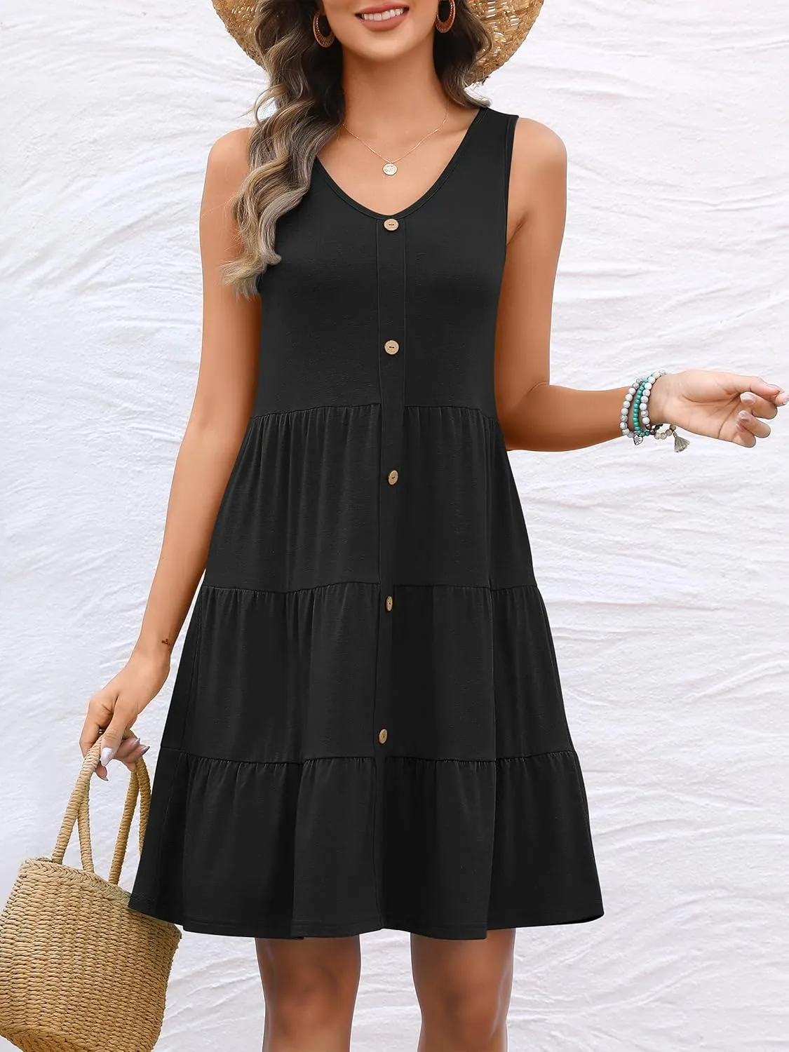 ANRABESS Womens Summer Beach Vacation Dresses V Neck Sleeveless Casual Button Down A Line Swing Mini Sundresses with Pockets