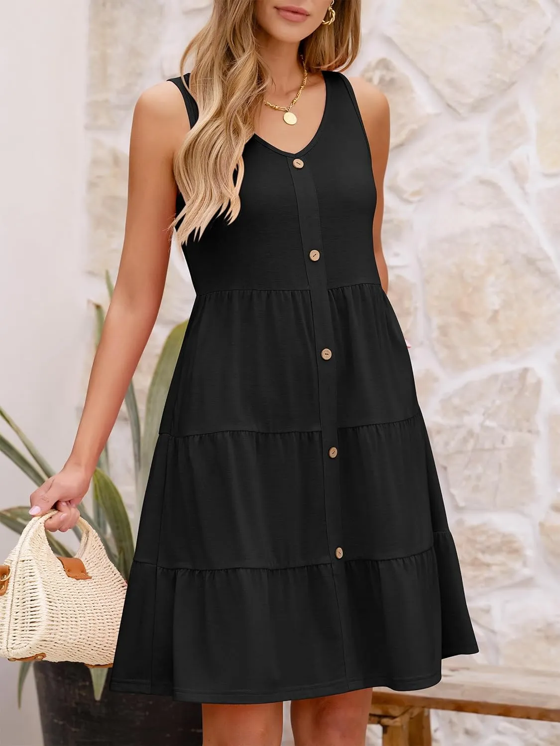 ANRABESS Womens Summer Beach Vacation Dresses V Neck Sleeveless Casual Button Down A Line Swing Mini Sundresses with Pockets