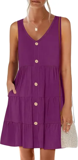ANRABESS Womens Summer Beach Vacation Dresses V Neck Sleeveless Casual Button Down A Line Swing Mini Sundresses with Pockets