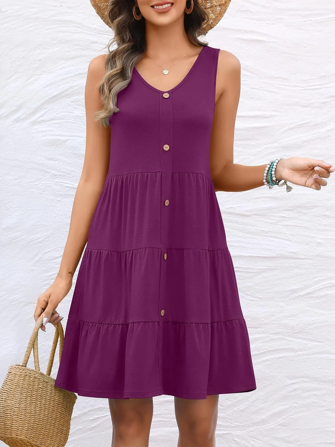 ANRABESS Womens Summer Beach Vacation Dresses V Neck Sleeveless Casual Button Down A Line Swing Mini Sundresses with Pockets