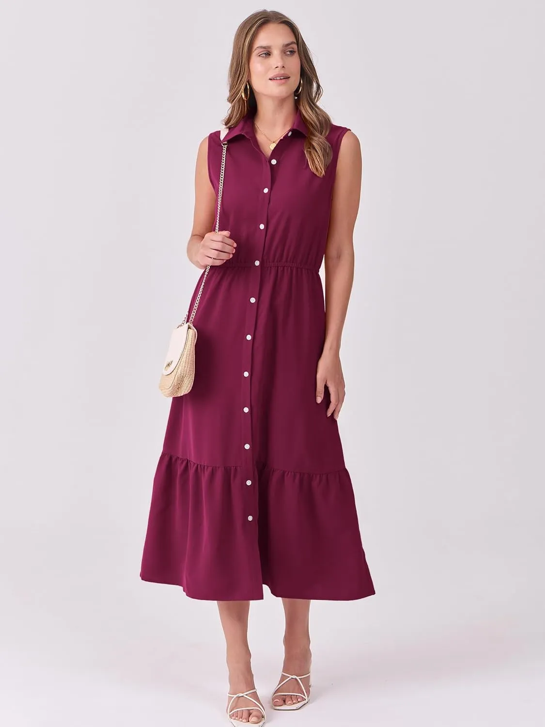 ANRABESS Womens Summer Button Down Maxi Shirt Dress Sleeveless Collared Tiered Work Dresses Beach Sundress with Pockets