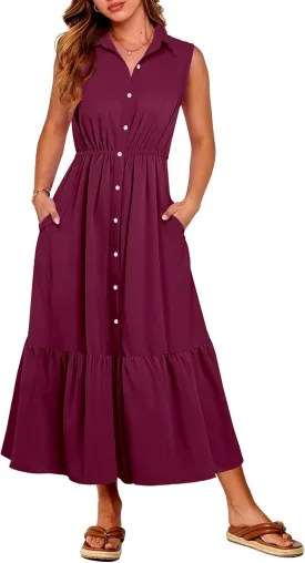 ANRABESS Womens Summer Button Down Maxi Shirt Dress Sleeveless Collared Tiered Work Dresses Beach Sundress with Pockets