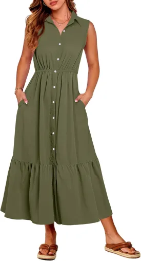 ANRABESS Womens Summer Button Down Maxi Shirt Dress Sleeveless Collared Tiered Work Dresses Beach Sundress with Pockets