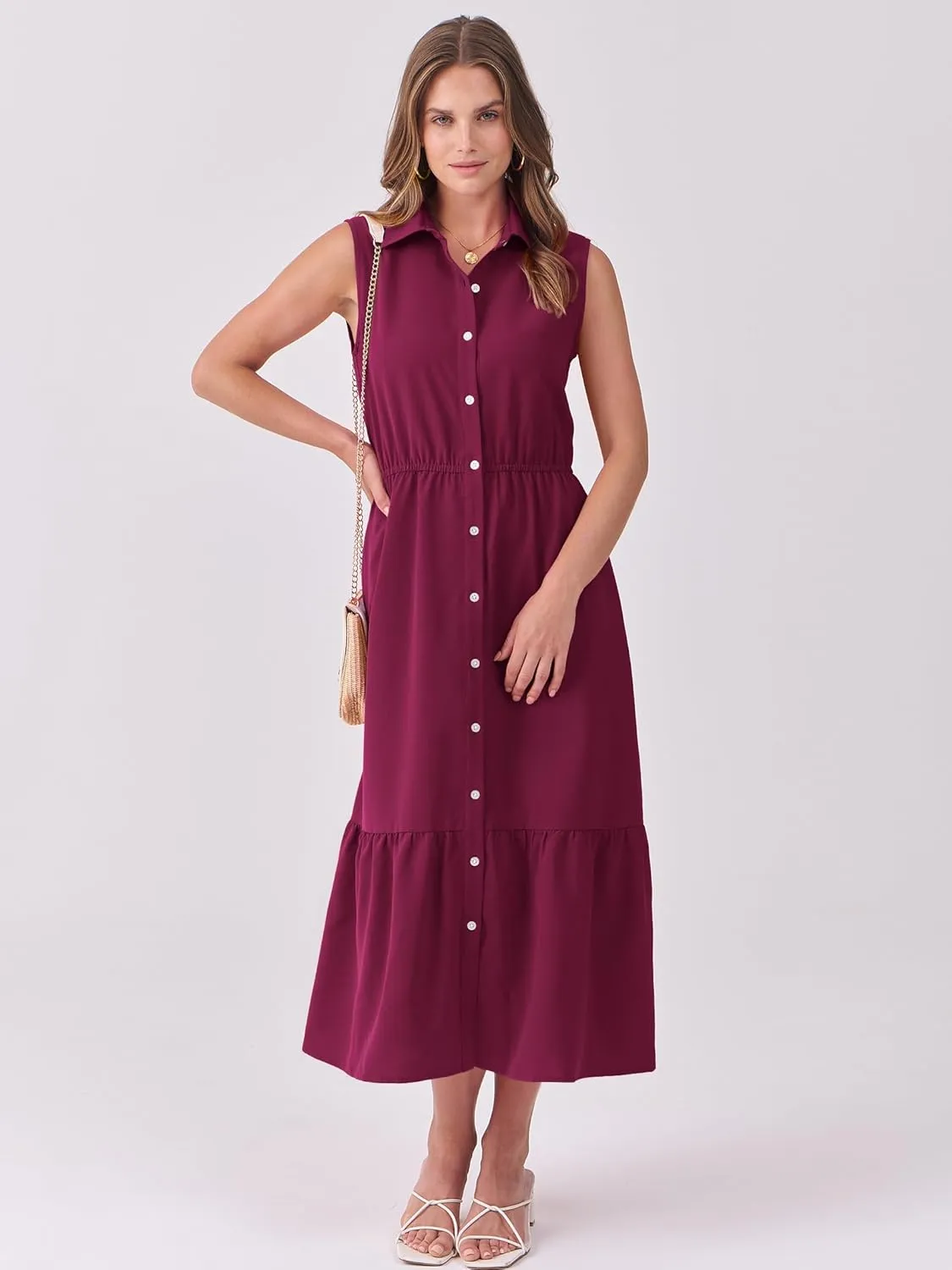 ANRABESS Womens Summer Button Down Maxi Shirt Dress Sleeveless Collared Tiered Work Dresses Beach Sundress with Pockets