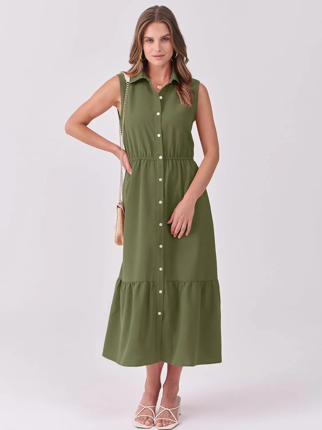 ANRABESS Womens Summer Button Down Maxi Shirt Dress Sleeveless Collared Tiered Work Dresses Beach Sundress with Pockets