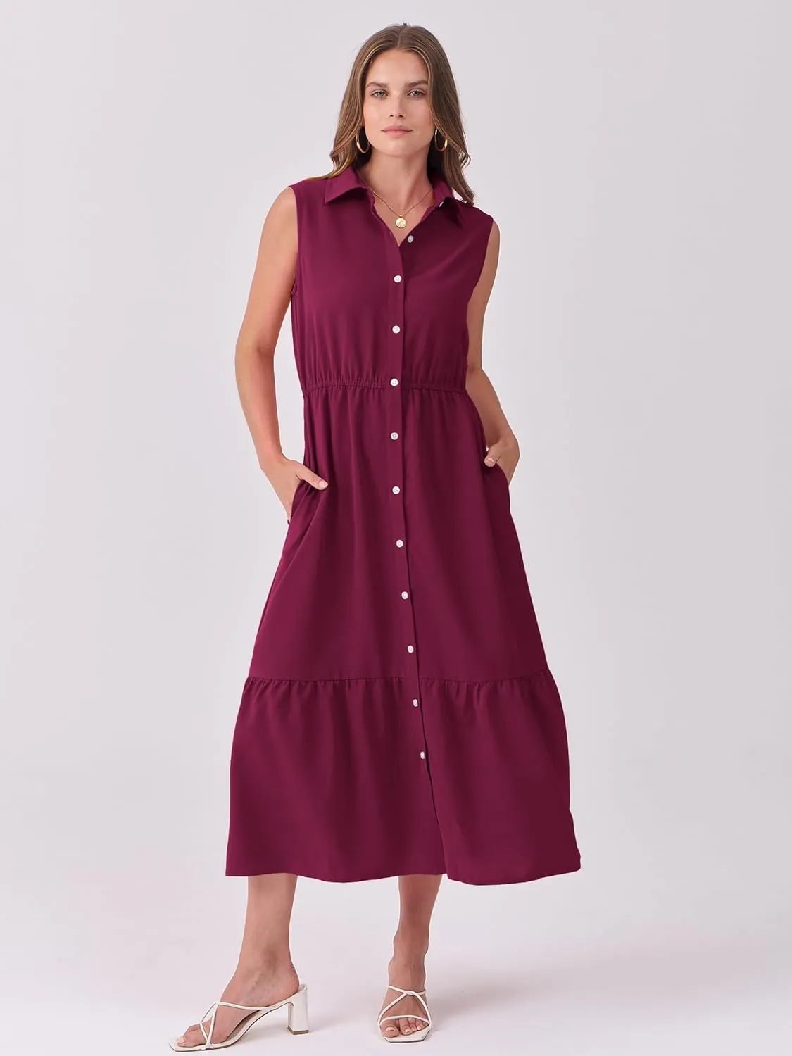 ANRABESS Womens Summer Button Down Maxi Shirt Dress Sleeveless Collared Tiered Work Dresses Beach Sundress with Pockets