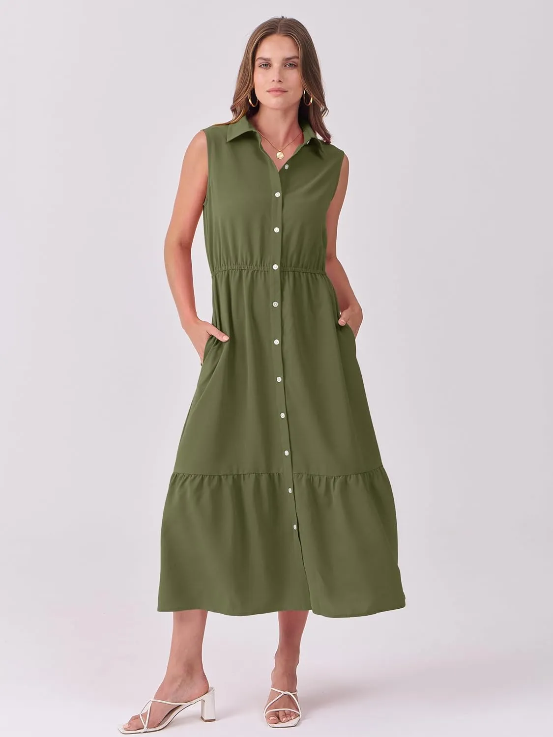 ANRABESS Womens Summer Button Down Maxi Shirt Dress Sleeveless Collared Tiered Work Dresses Beach Sundress with Pockets