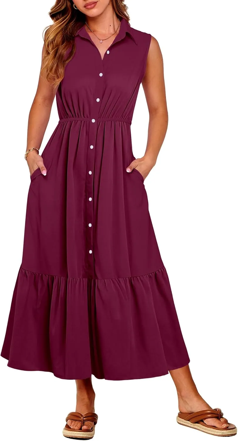 ANRABESS Womens Summer Button Down Maxi Shirt Dress Sleeveless Collared Tiered Work Dresses Beach Sundress with Pockets