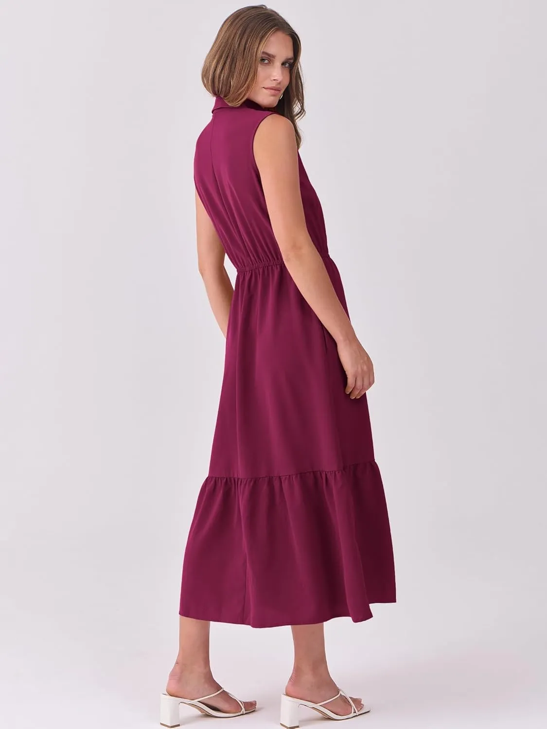 ANRABESS Womens Summer Button Down Maxi Shirt Dress Sleeveless Collared Tiered Work Dresses Beach Sundress with Pockets
