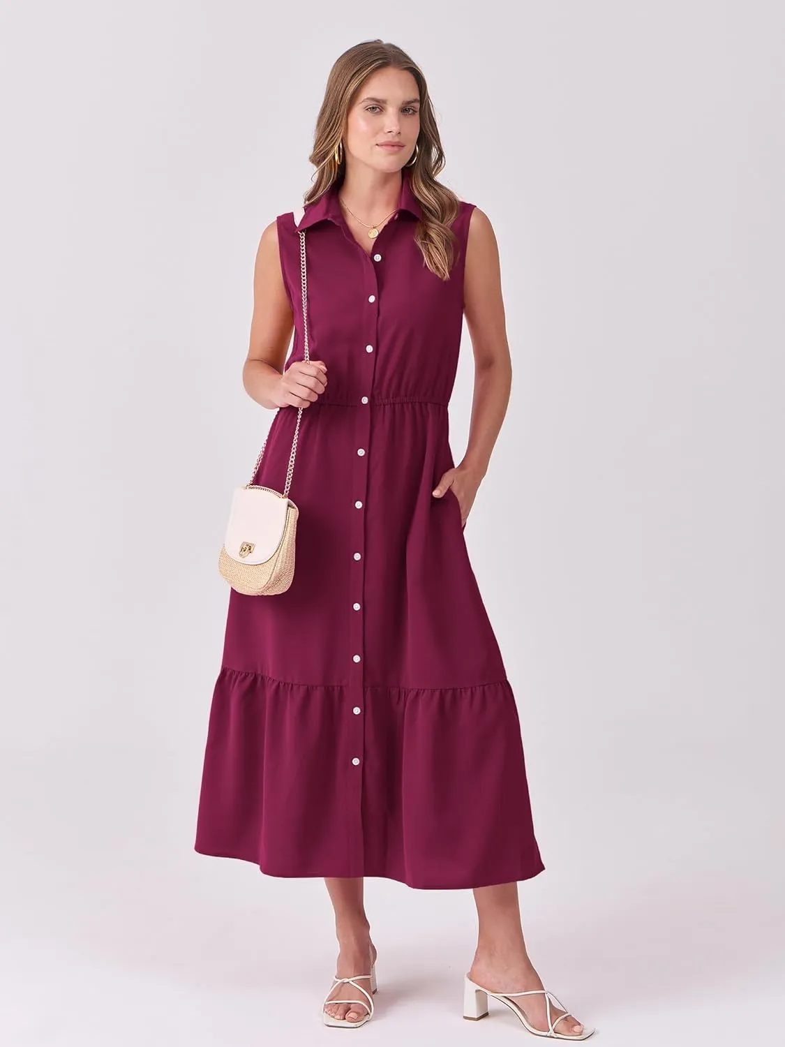 ANRABESS Womens Summer Button Down Maxi Shirt Dress Sleeveless Collared Tiered Work Dresses Beach Sundress with Pockets