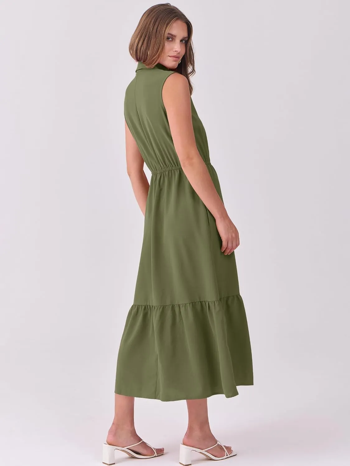 ANRABESS Womens Summer Button Down Maxi Shirt Dress Sleeveless Collared Tiered Work Dresses Beach Sundress with Pockets