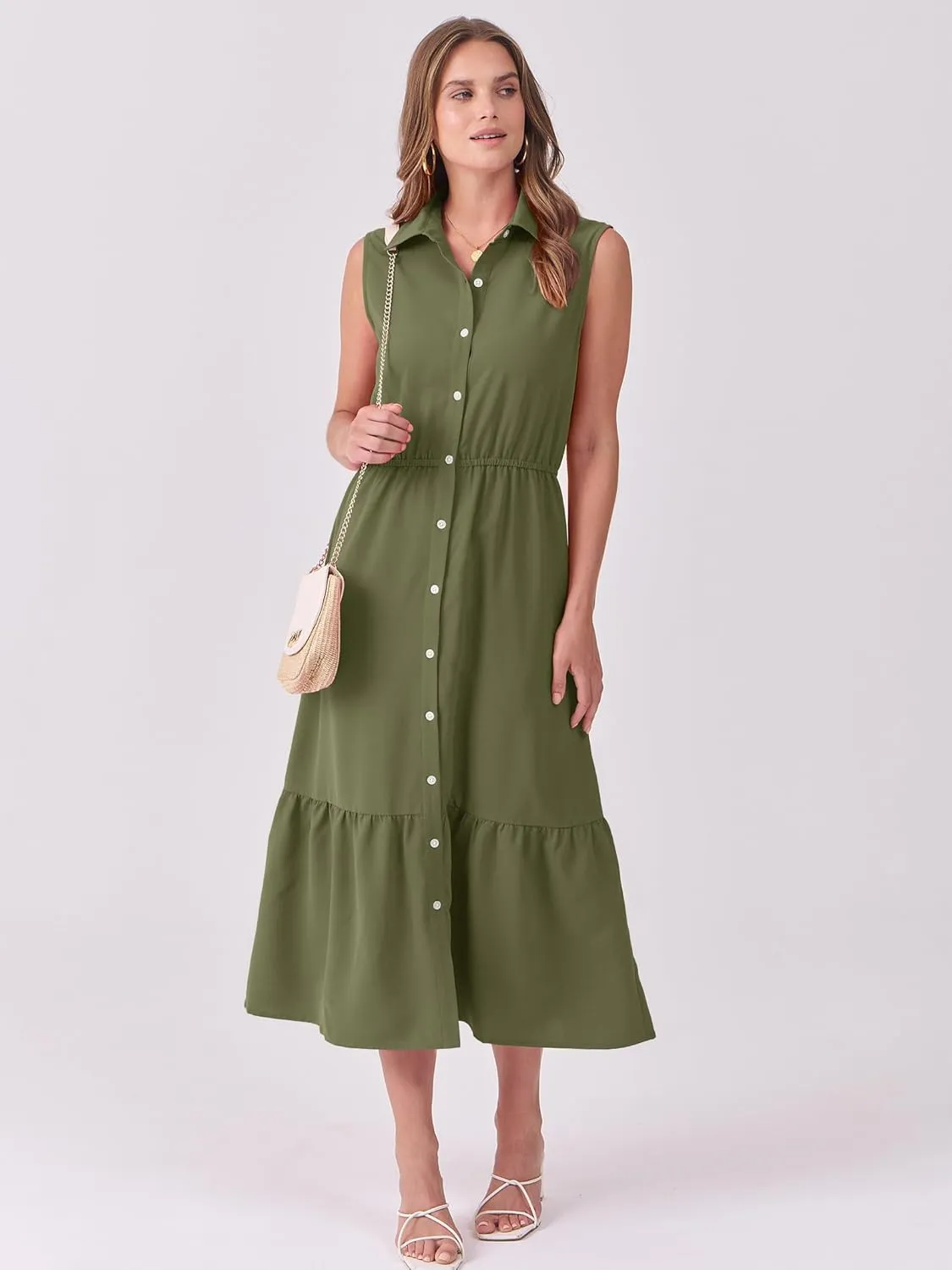 ANRABESS Womens Summer Button Down Maxi Shirt Dress Sleeveless Collared Tiered Work Dresses Beach Sundress with Pockets