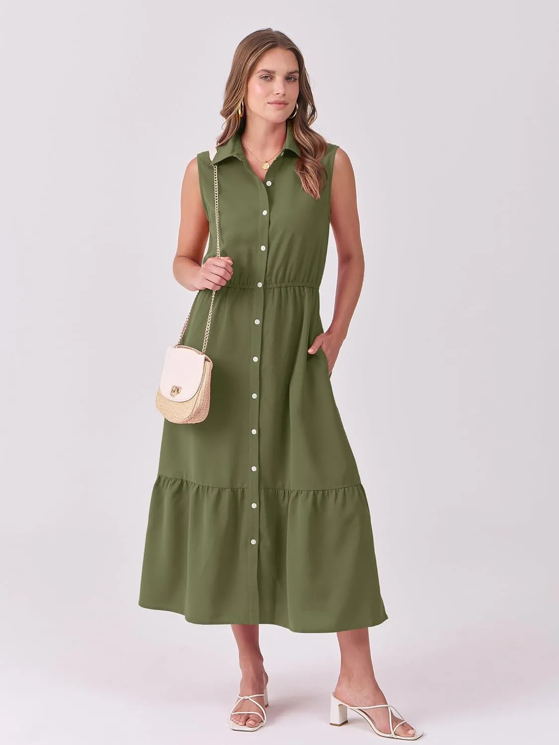 ANRABESS Womens Summer Button Down Maxi Shirt Dress Sleeveless Collared Tiered Work Dresses Beach Sundress with Pockets